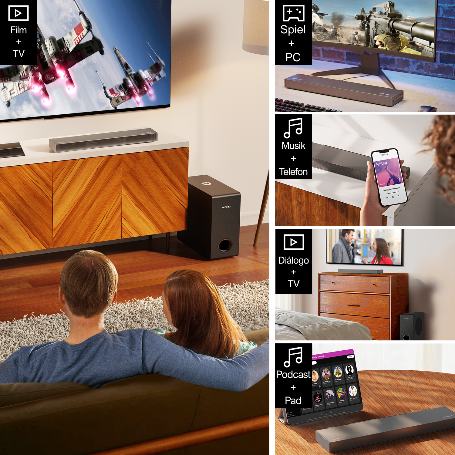 Personen schauen fern mit Soundbar, Subwoofer; TV zeigt Star Wars-Szene.