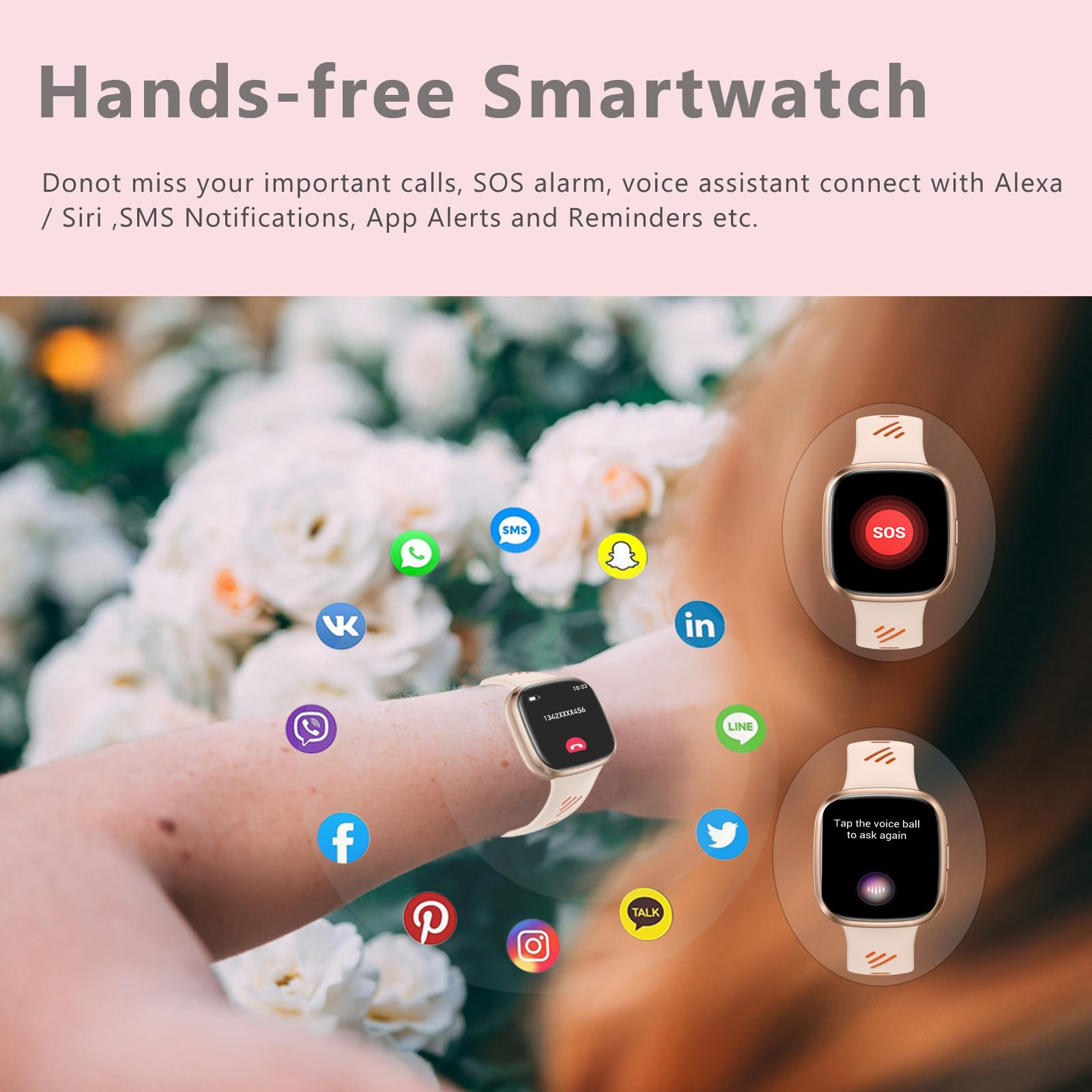 Eine Person trägt eine Smartwatch mit Symbolen für Anrufe, Apps und SOS. Blumen sind im verschwommenen Hintergrund.