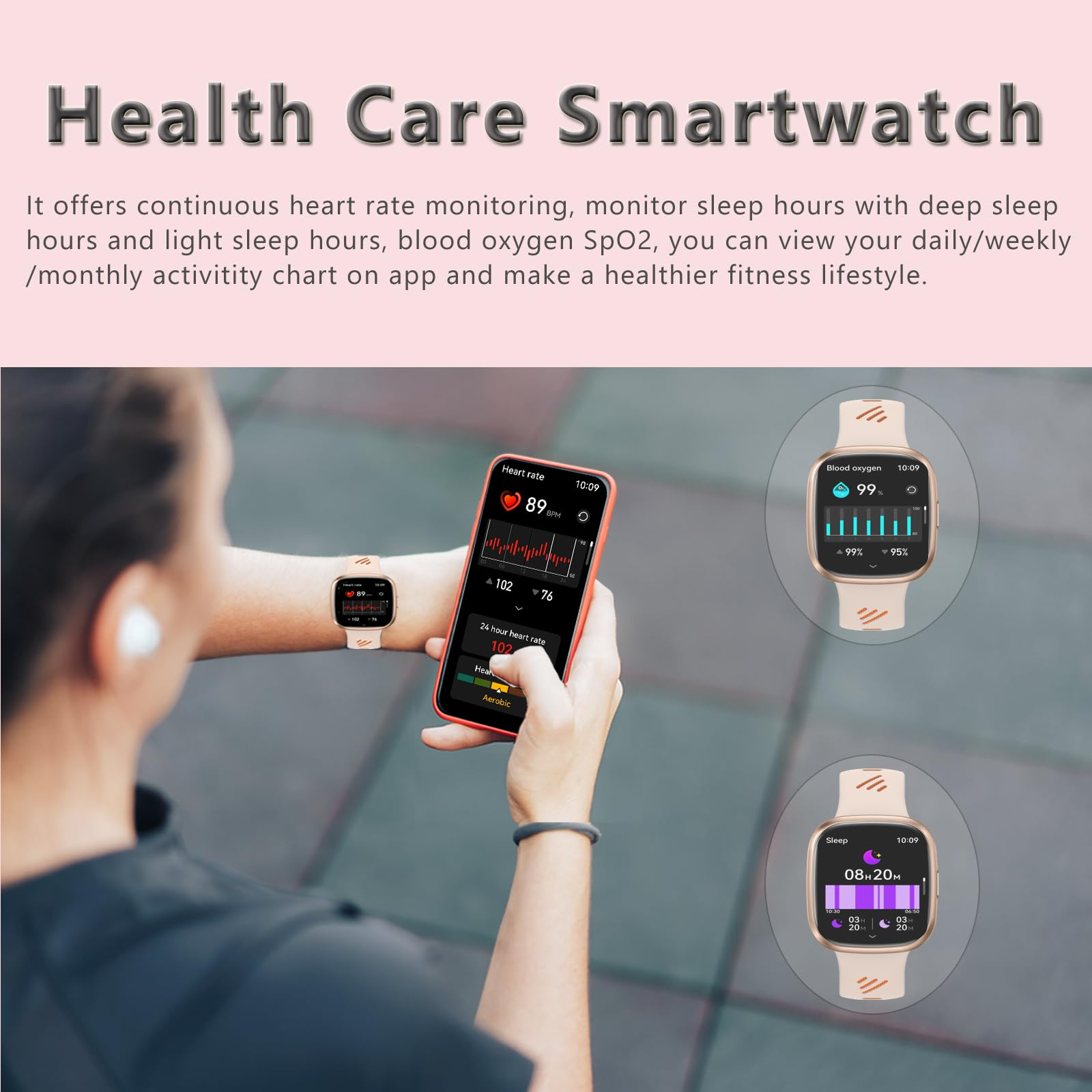 Eine Person, die eine Smartwatch trägt und Gesundheitsdaten überprüft. Zeigt Herzfrequenz und Blutsauerstoff an. Hintergrund unscharf.