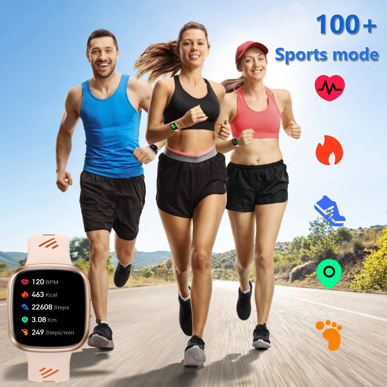 Drei Personen laufen auf einer Straße und tragen Smartwatches. Metriken wie Herzfrequenz und Schritte werden angezeigt.