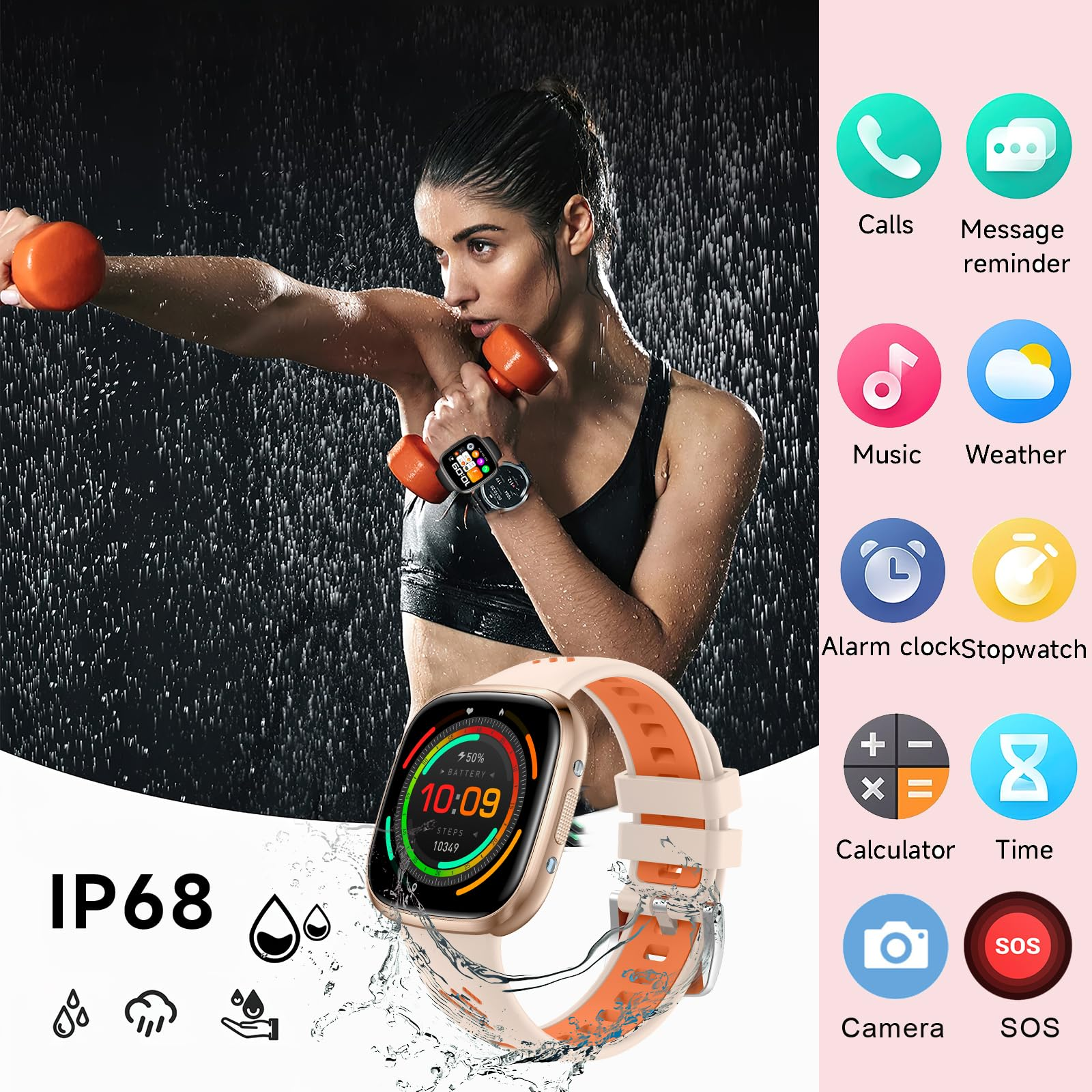 Frau, die mit Hanteln trainiert und einen Fitnesstracker trägt, mit Funktionssymbolen.