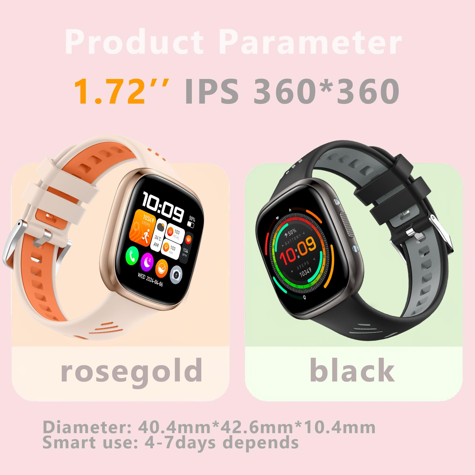 Zwei Smartwatches nebeneinander. Eine ist roségold, die andere schwarz. Beide zeigen Zeit und Gesundheitsdaten an.
