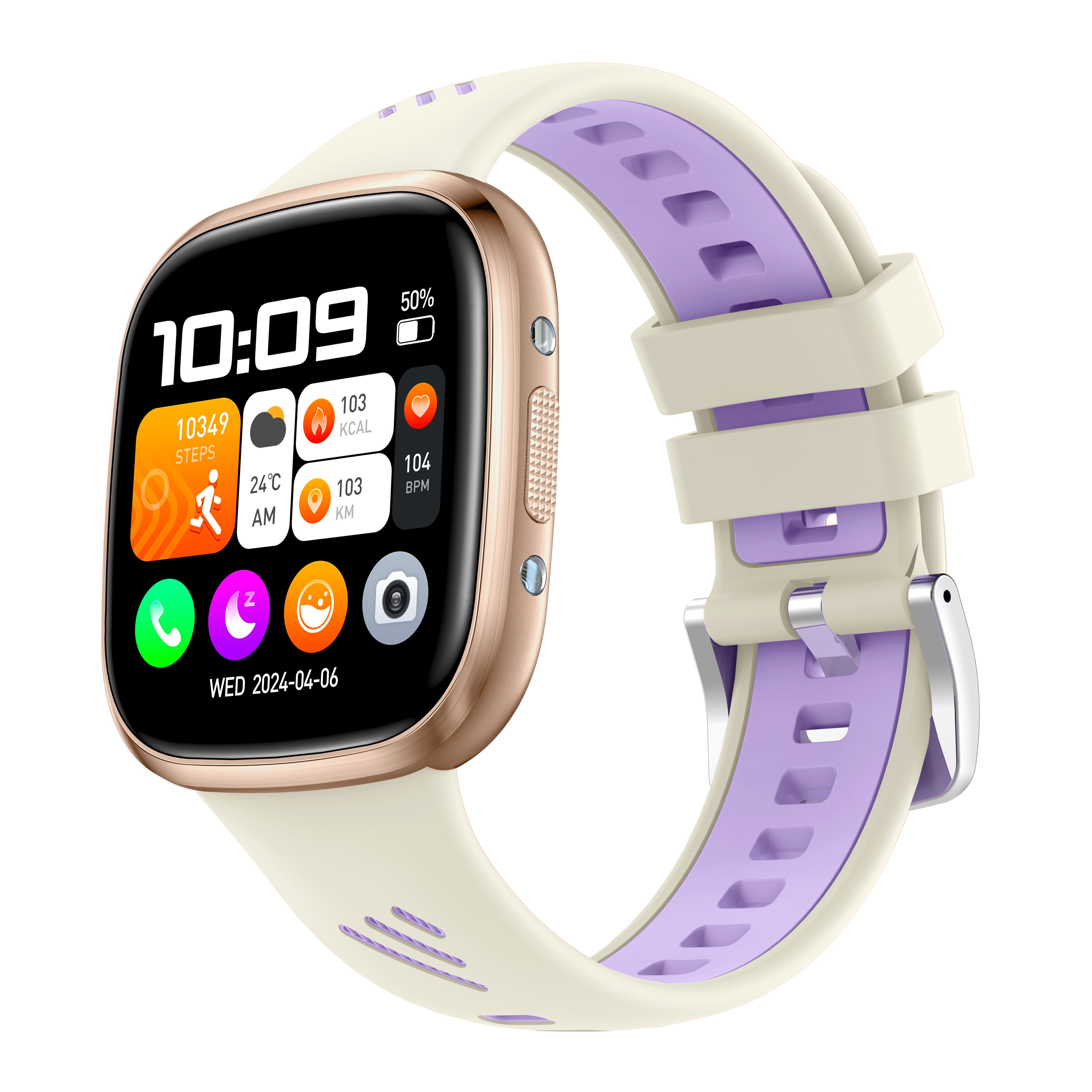 Eine Smartwatch mit weißem Armband und goldenem Gehäuse, die Gesundheitsdaten auf schwarzem Hintergrund anzeigt.