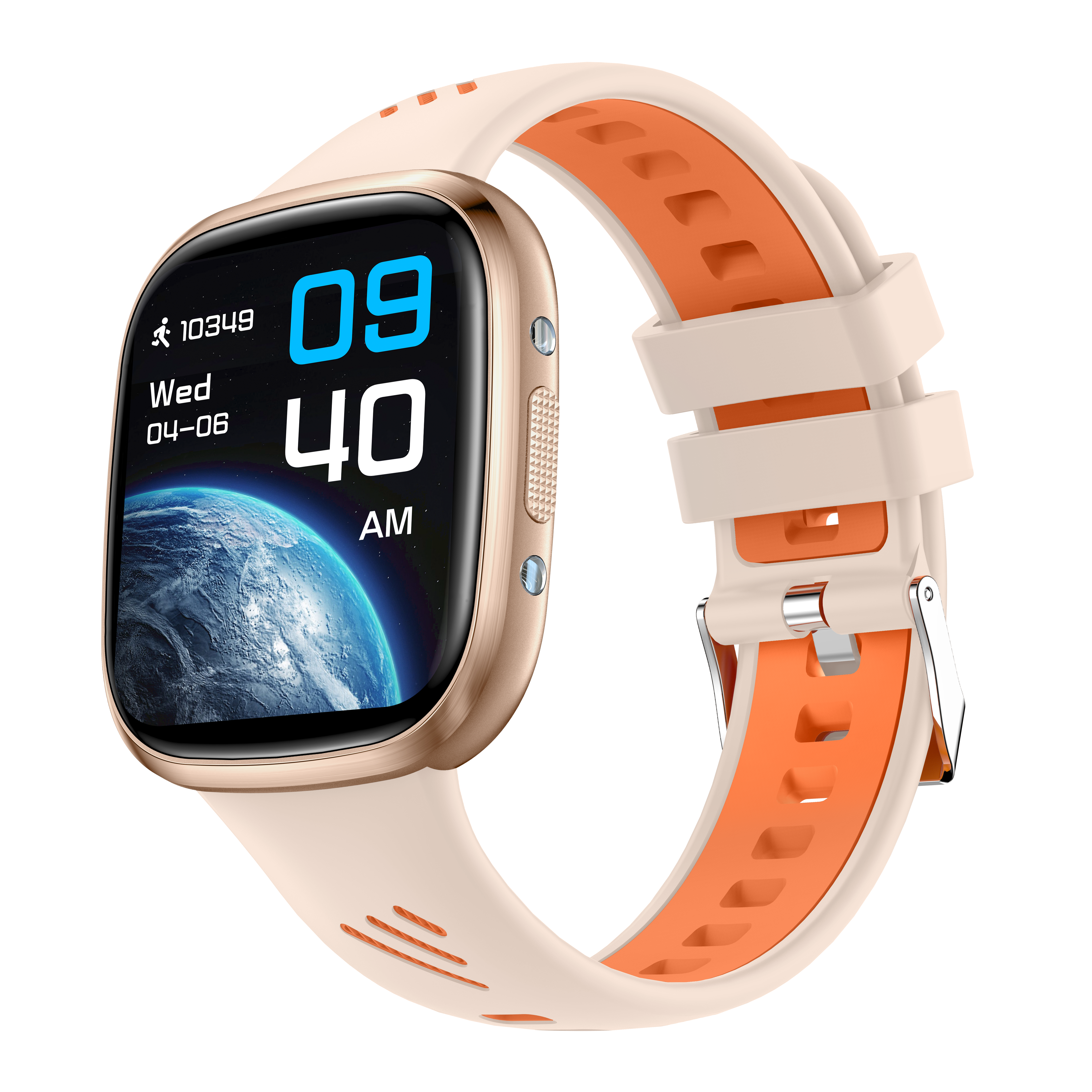 Smartwatch, das die Zeit und einen Weltkartenhintergrund anzeigt. Das Band ist beige mit orangen Akzenten.