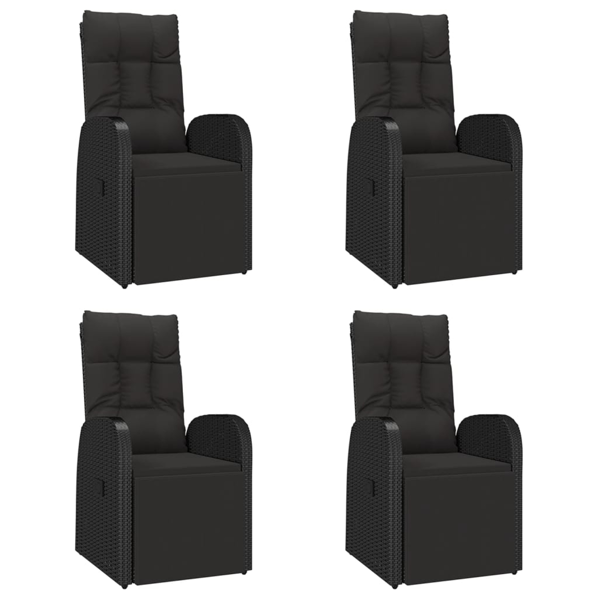 Vier schwarze Liegestühle. Die Stühle sind aus Korbgeflecht und haben Kissen.