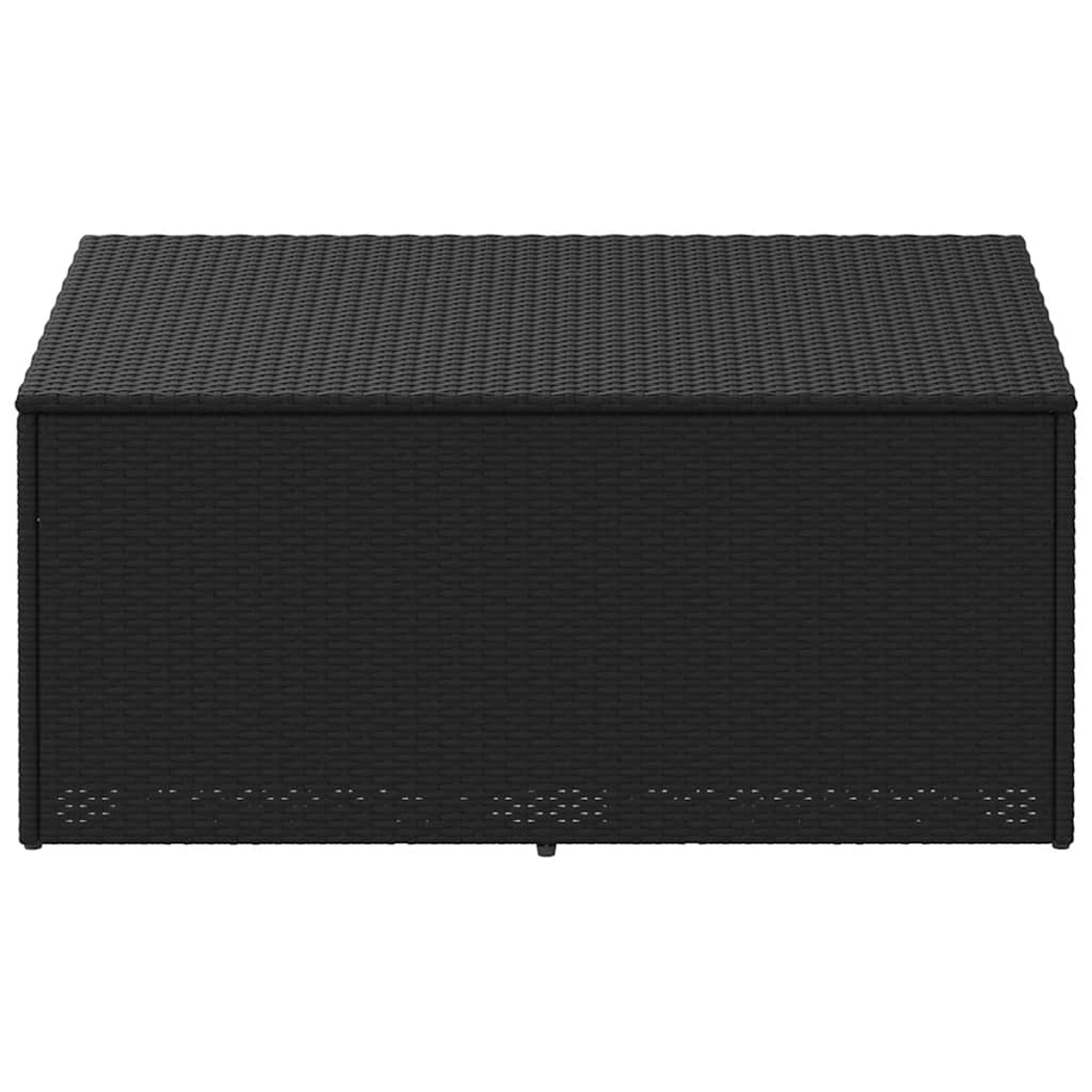 Eine schwarze Rattan-Aufbewahrungsbox mit flachem Deckel. Sie ist rechteckig.