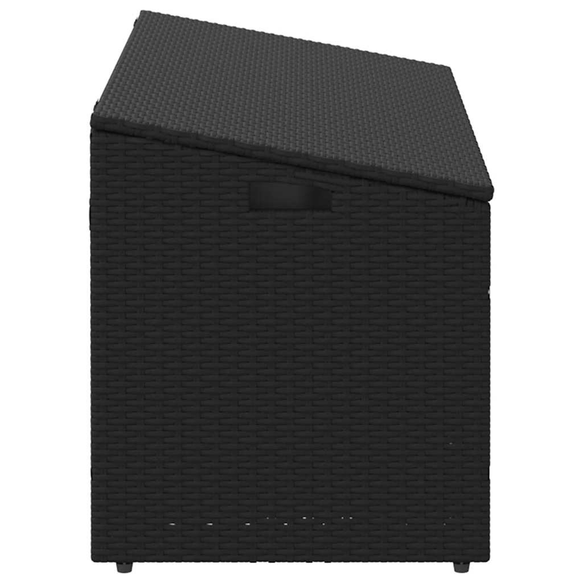 Schwarze Aufbewahrungsbox aus gewebtem Material, schräge Ansicht mit Griff und Deckel.
