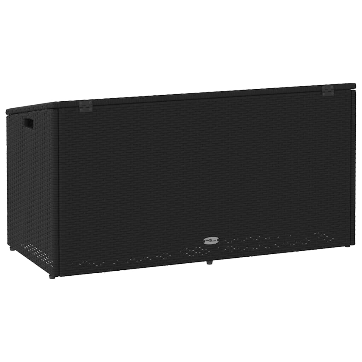 Eine schwarze Rattan-Aufbewahrungsbox mit leicht geneigtem Deckel. Sie ist rechteckig.
