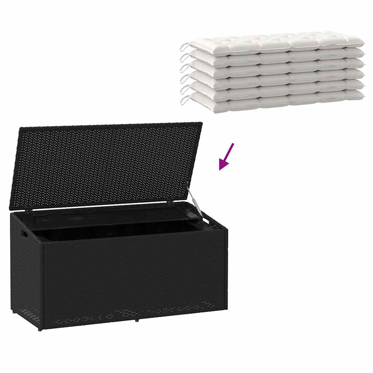 Geöffnete schwarze Aufbewahrungsbox mit Kissen oben. Pfeil zeigt auf die Kissen.