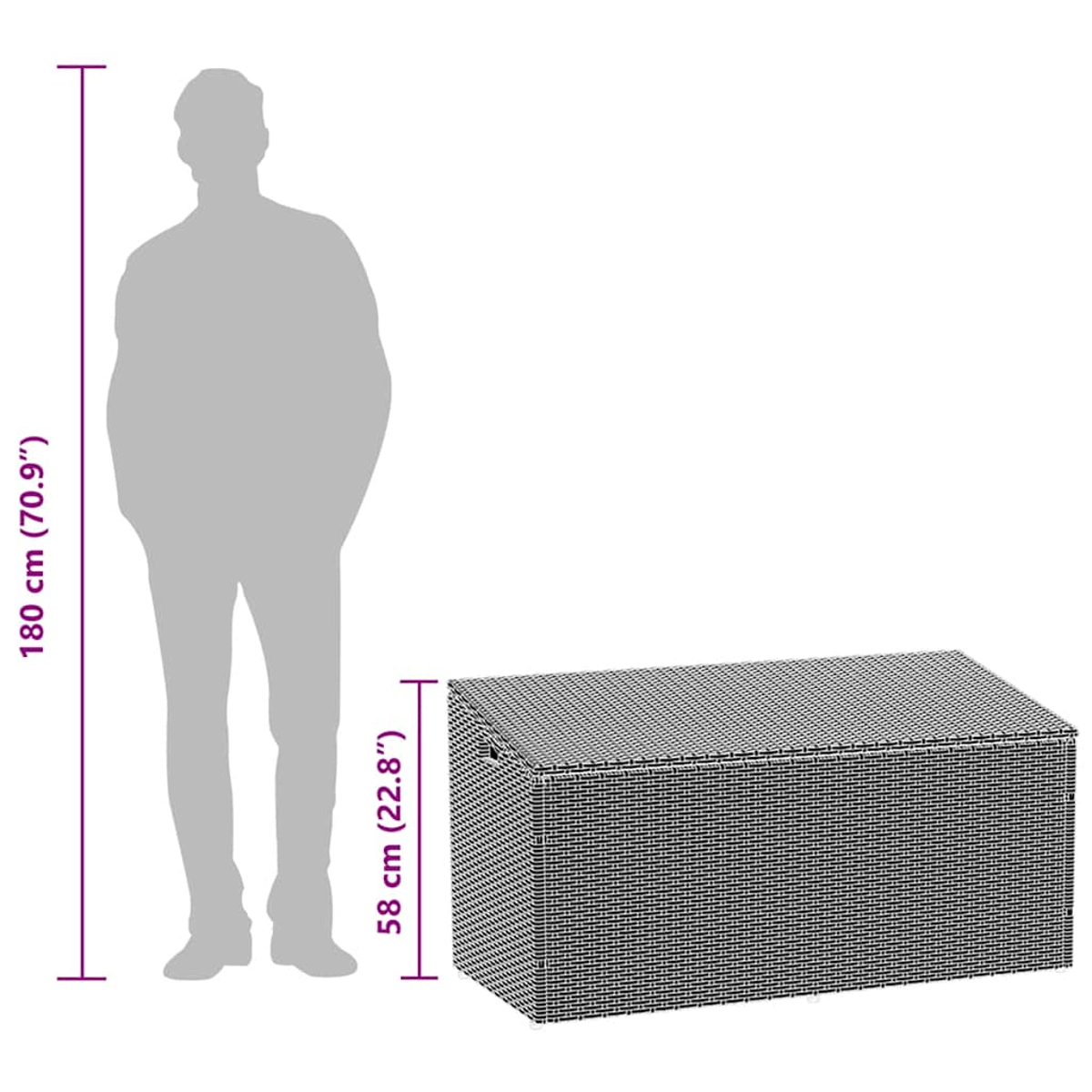 Schwarze Aufbewahrungsbox aus gewebtem Material mit einer Personensilhouette zum Größenvergleich.