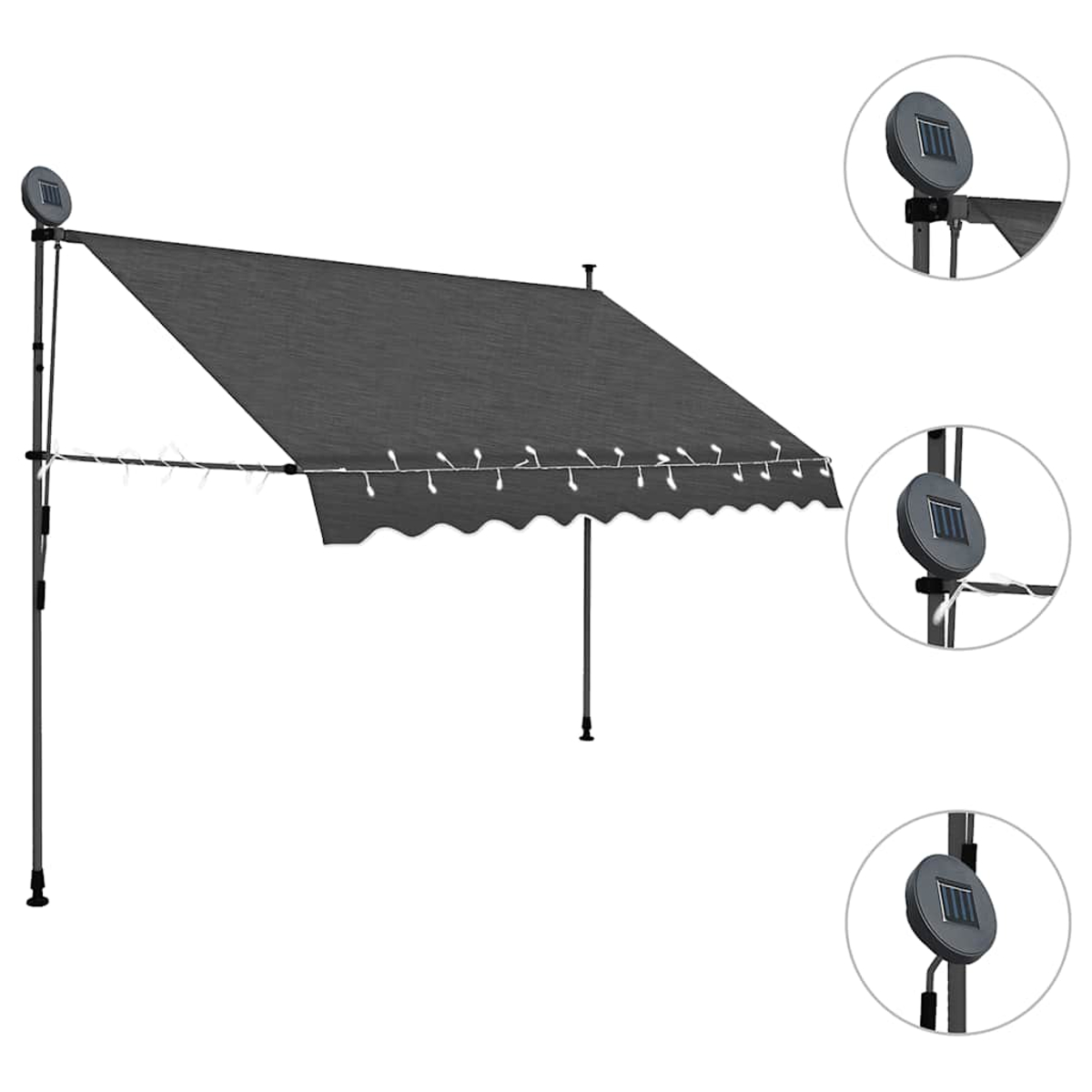 Grauer und weißer Outdoor-Baldachin mit Sonnenkollektoren und Lichterketten.