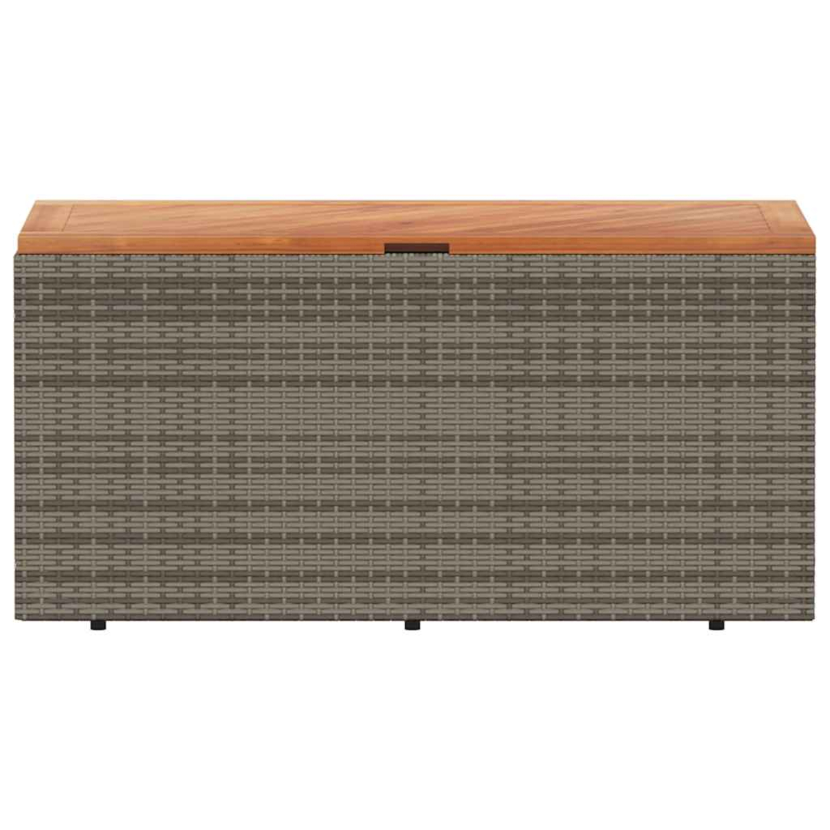 Wicker-Aufbewahrungsbox für den Außenbereich mit Holzplatte.