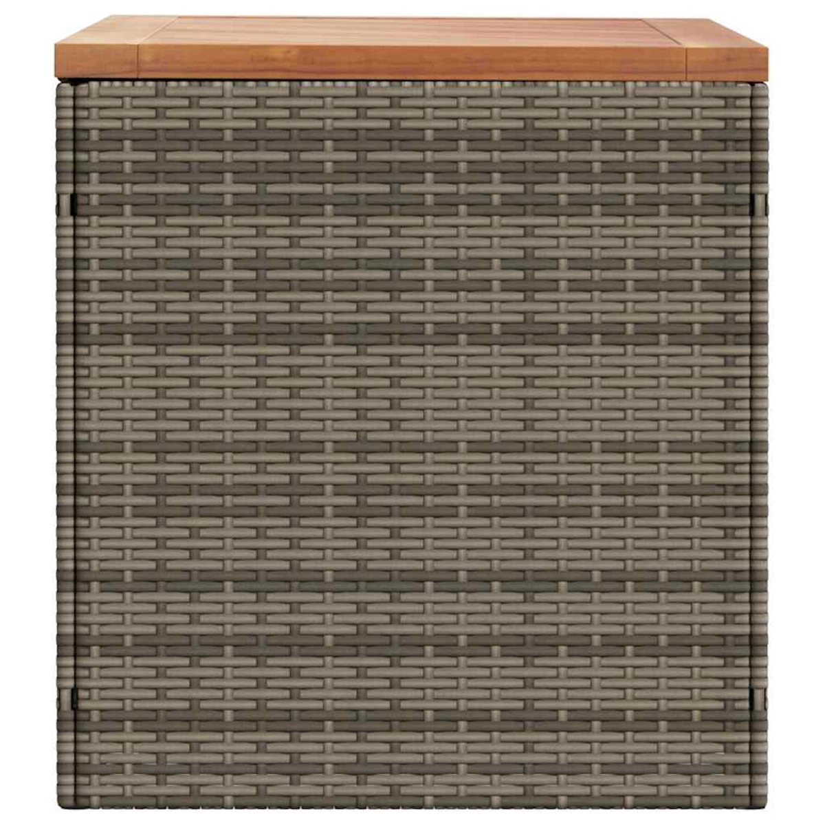 Eine Aufbewahrungsbox aus gewebtem Material mit einer Holzplatte. Die Box ist braun und grau.