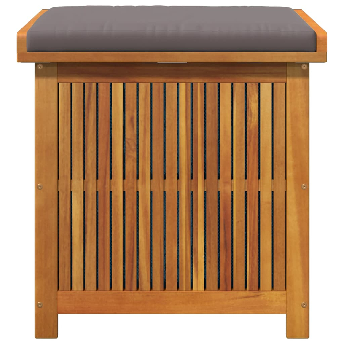 Holz-Aufbewahrungsbank mit grauem Kissen.