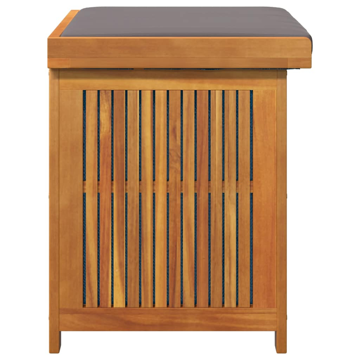 Holz-Aufbewahrungsbox, Seitenansicht. Mit Holzlatten und grauem Kissen oben.