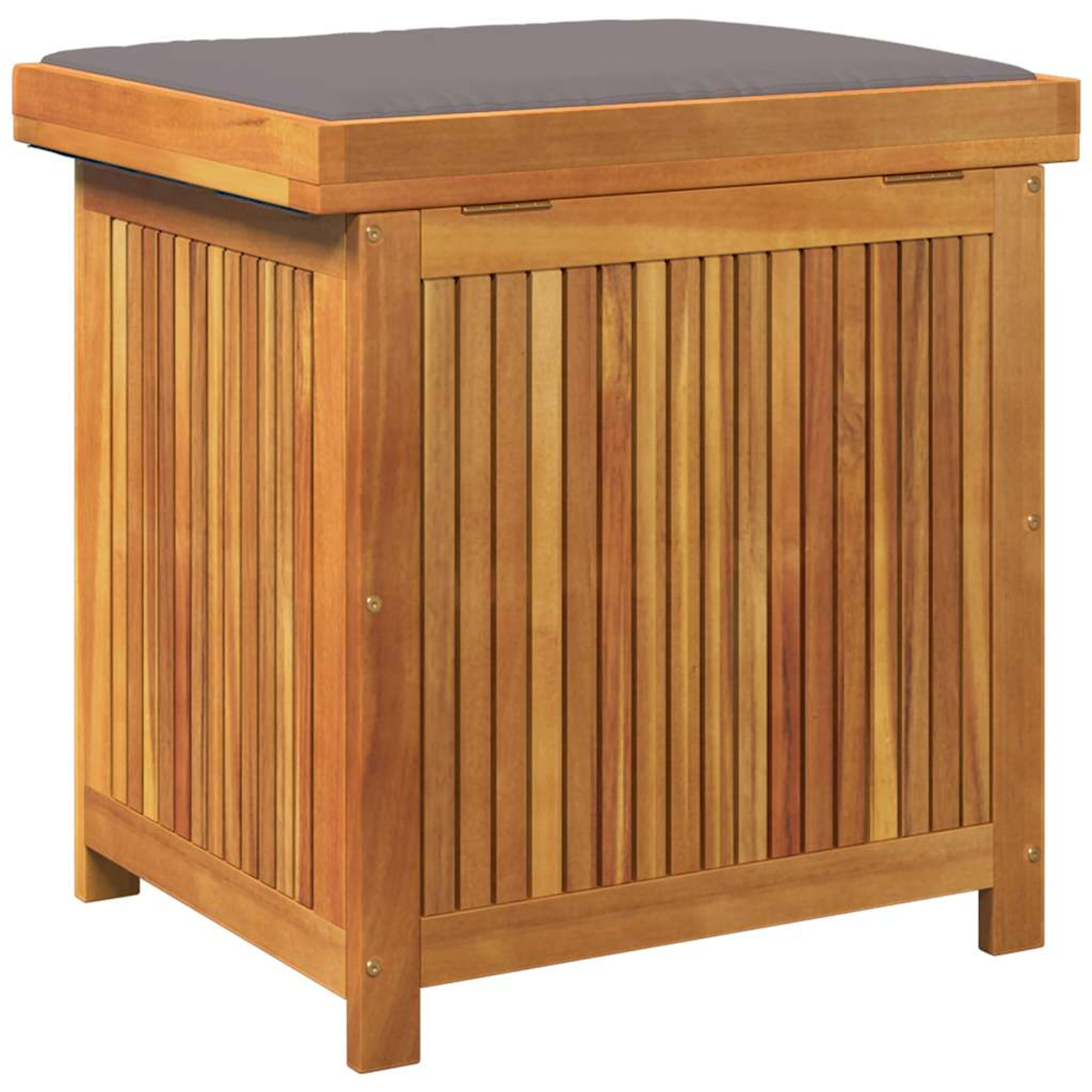Holz-Aufbewahrungsbank mit grauem Kissen.