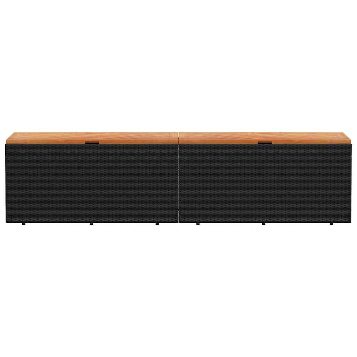 Zwei schwarze Aufbewahrungsboxen aus Korbgeflecht mit Holzplatten, nebeneinander.