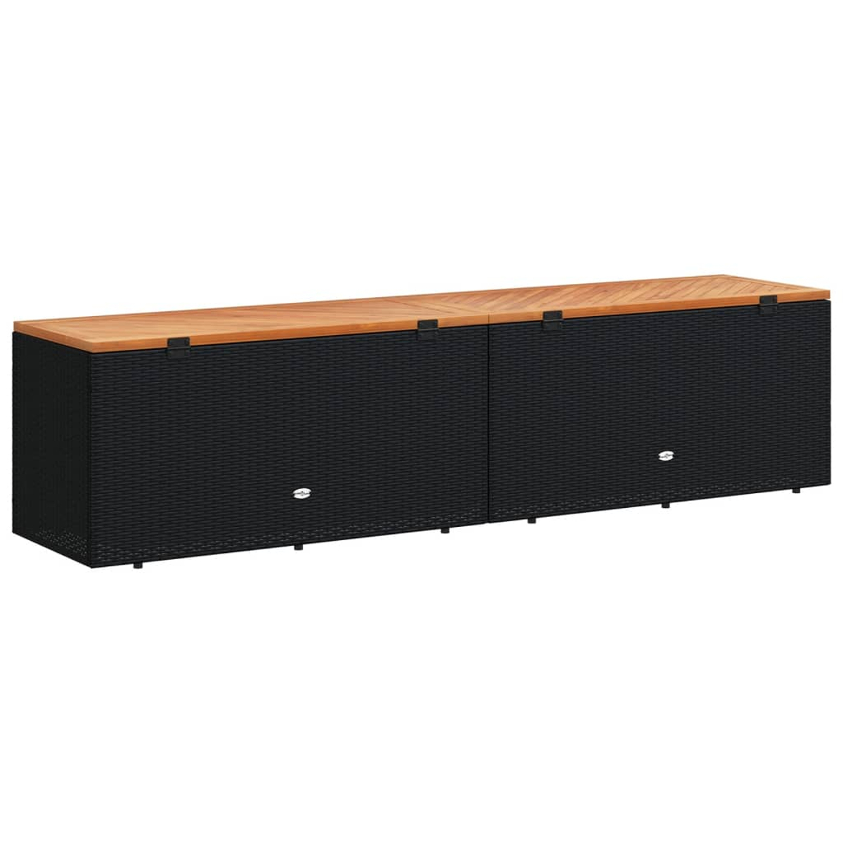 Schwarze Rattan-Aufbewahrungsbox mit Holzplatte. Die Box ist geschlossen.