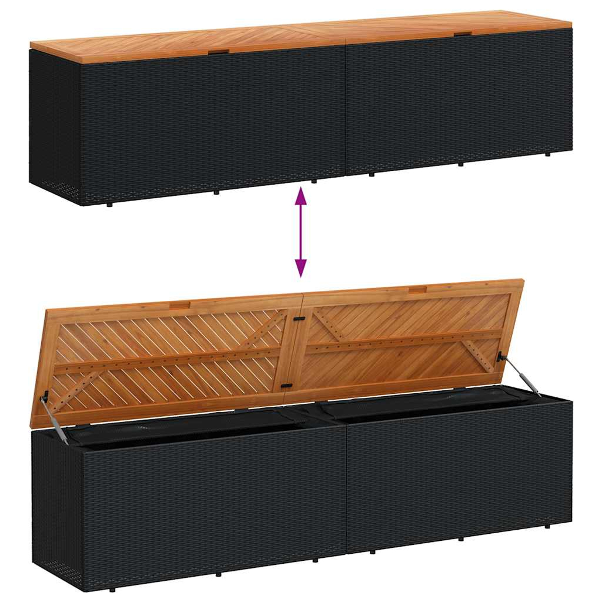 Schwarze und braune Outdoor-Aufbewahrungsbox. Der Deckel ist geöffnet und zeigt das Innere. Pfeil zeigt die Öffnungs-/Schließfunktion.