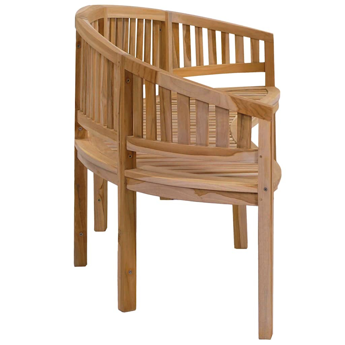 Gebogene Holzbank. Die Bank besteht aus hellem Holz und ist leer.