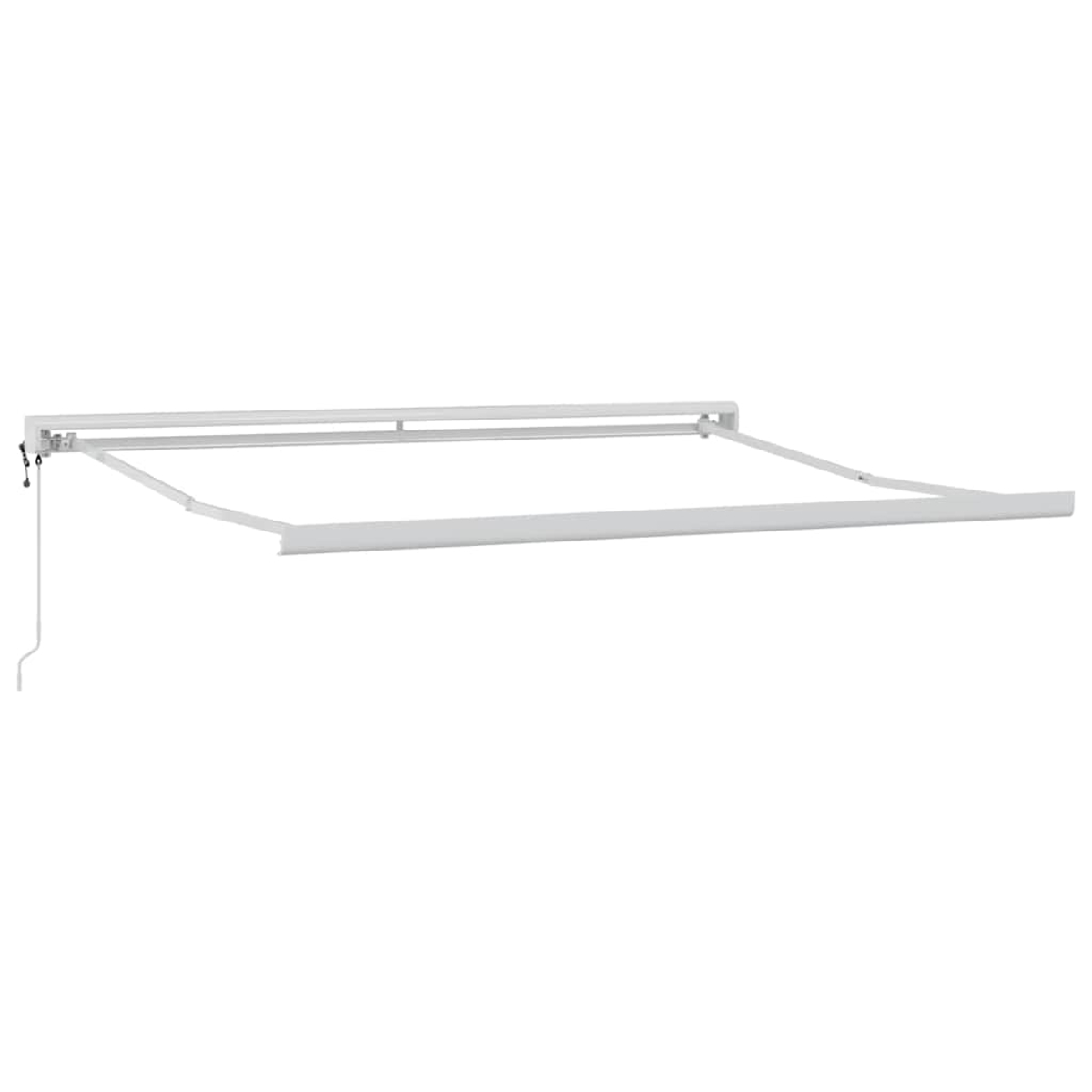 Tenda da sole retrattile bianca, montata su un muro bianco. Un cavo bianco pende.