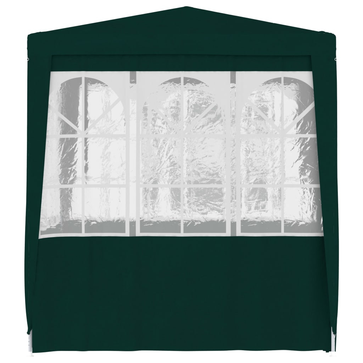 Gazebo verde scuro, con infissi bianchi e tetto verde scuro.
