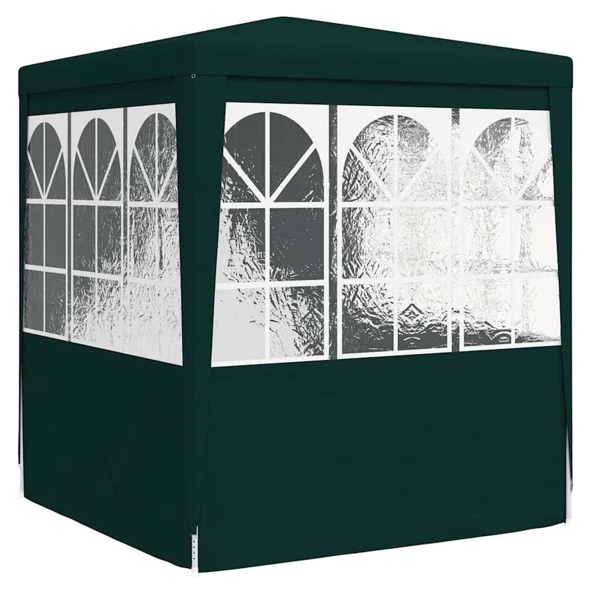 Gazebo verde con infissi bianchi e finiture bianche.
