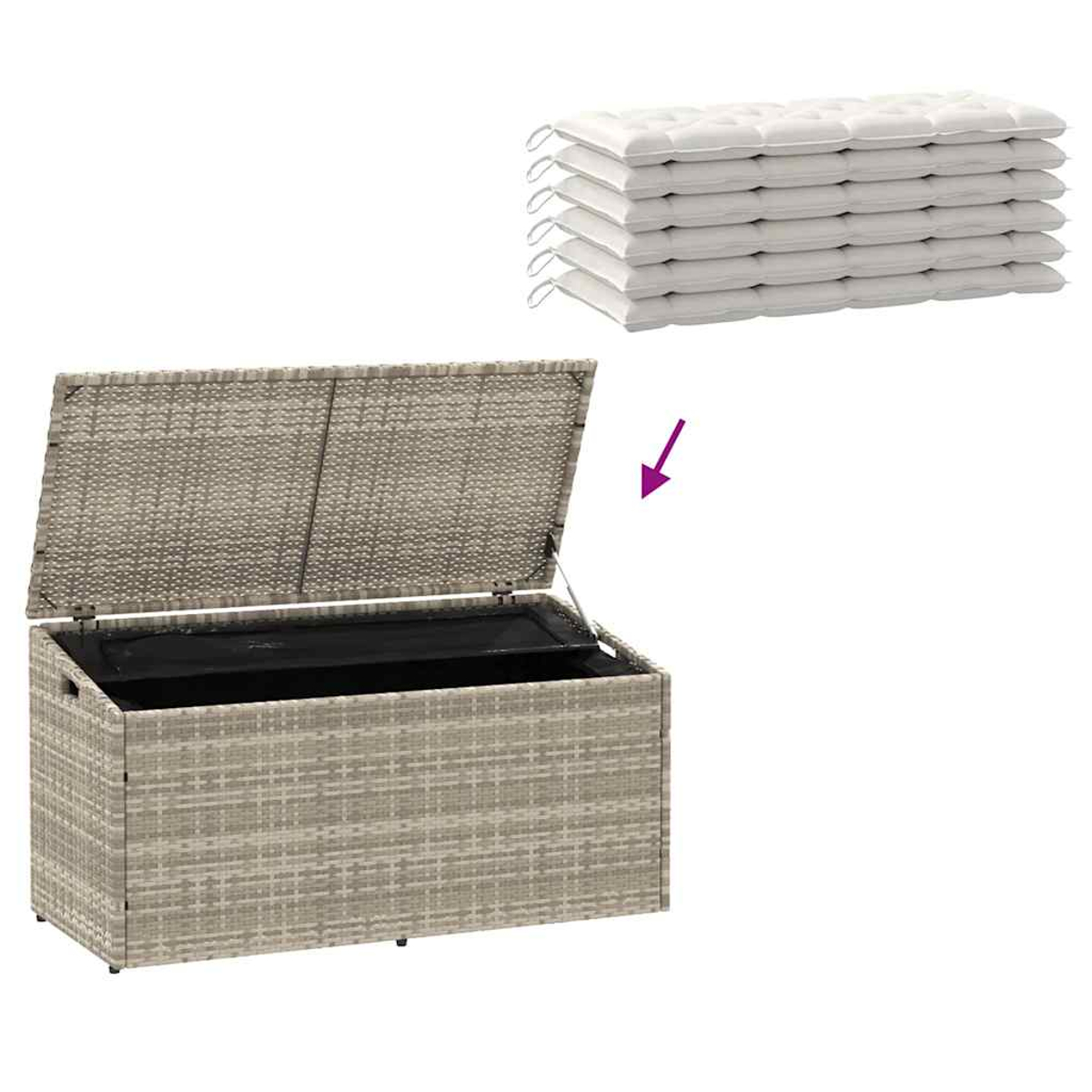 Offene graue Korbstau-Box mit Kissen. Kissen sind weiß, Box ist grau.