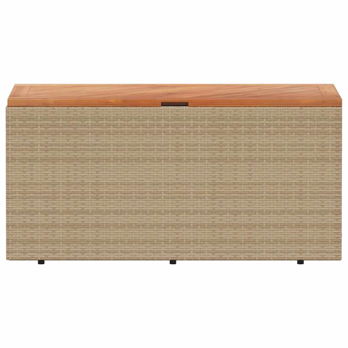 Eine beige gewebte Truhe mit Holzplatte, die auf kleinen schwarzen Beinen steht.