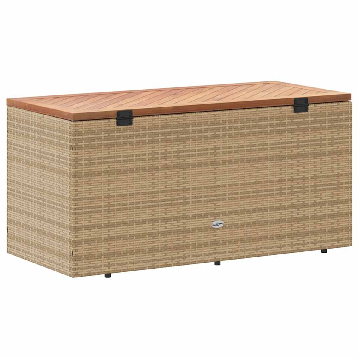 Eine beige Aufbewahrungsbox mit Holzplatte, steht auf kleinen schwarzen Beinen.