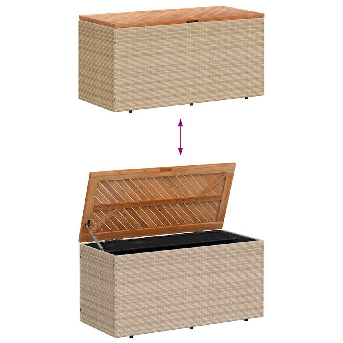 Zweiteilige Aufbewahrungsbox, gewebt mit Holzdeckel. Oberer Teil zeigt Deckel geschlossen. Unterer Teil offen, Innenraum sichtbar.