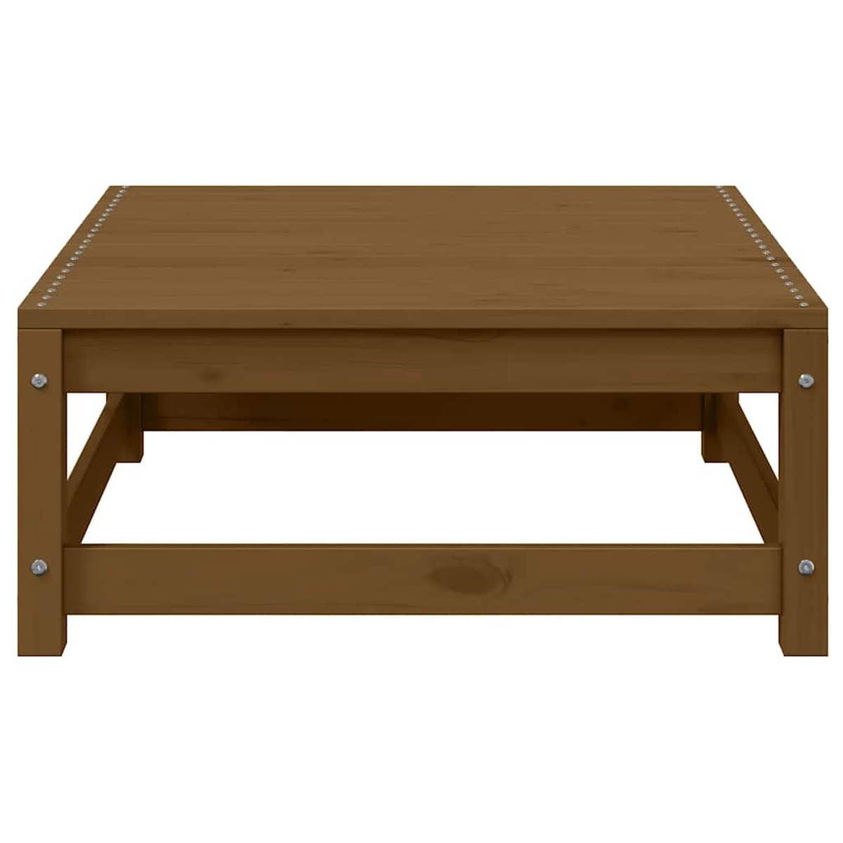 Ein brauner quadratischer Holztisch mit sichtbaren Schrauben auf weißem Hintergrund.