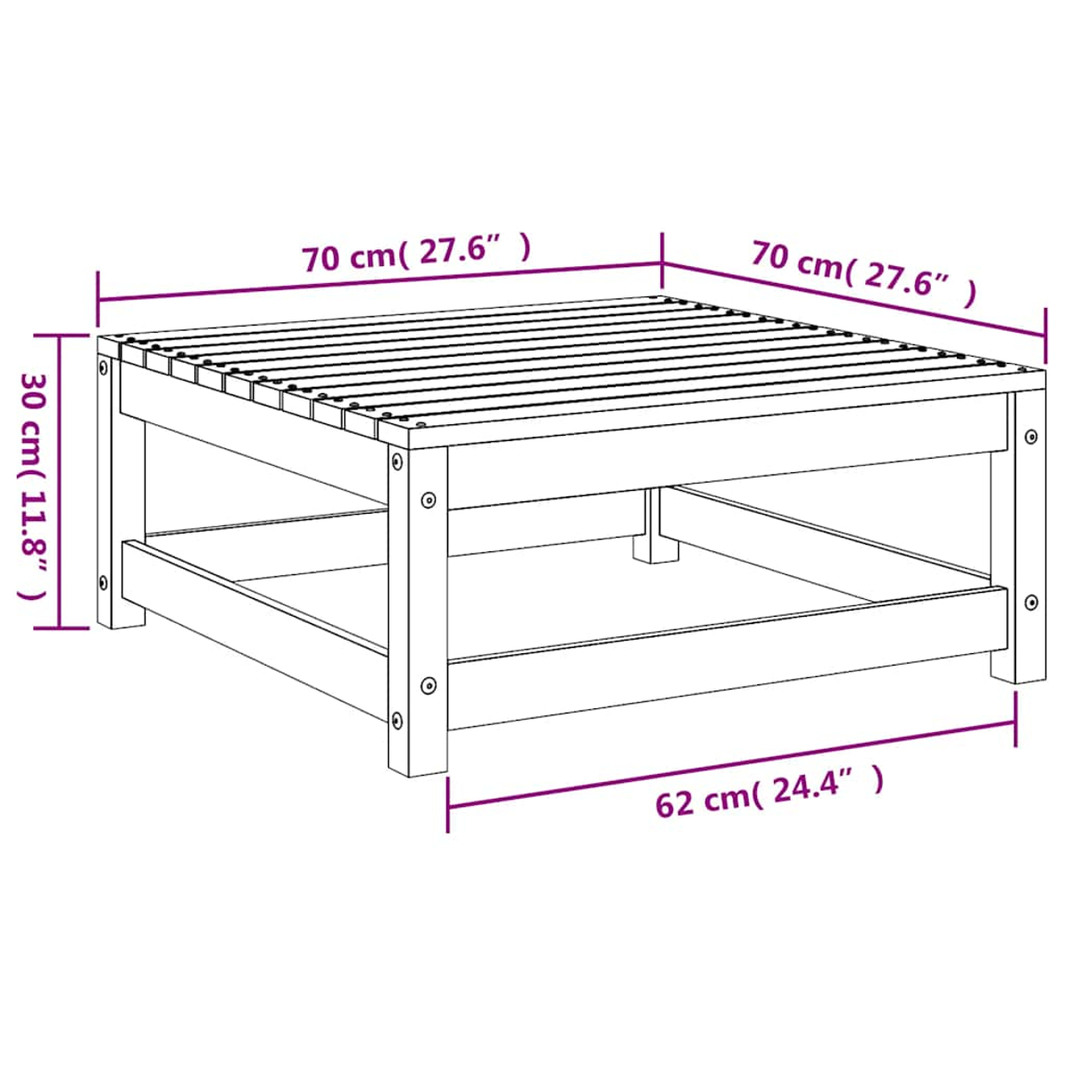 Diagramm eines quadratischen Holztisches mit Maßangaben in cm.