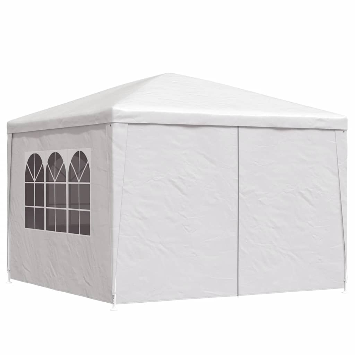 Weißer Pavillon mit Bogenfenstern und geschlossenen Türen.