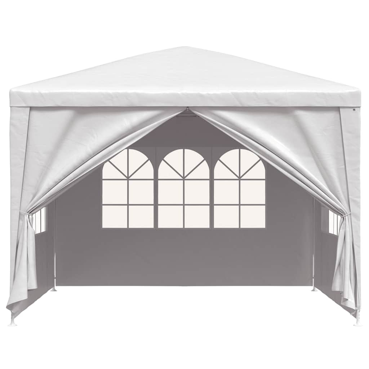 Weißer Pavillon mit drei fensterartigen Öffnungen. Stoff-Seitenvorhänge. Isoliert auf weißem Hintergrund.