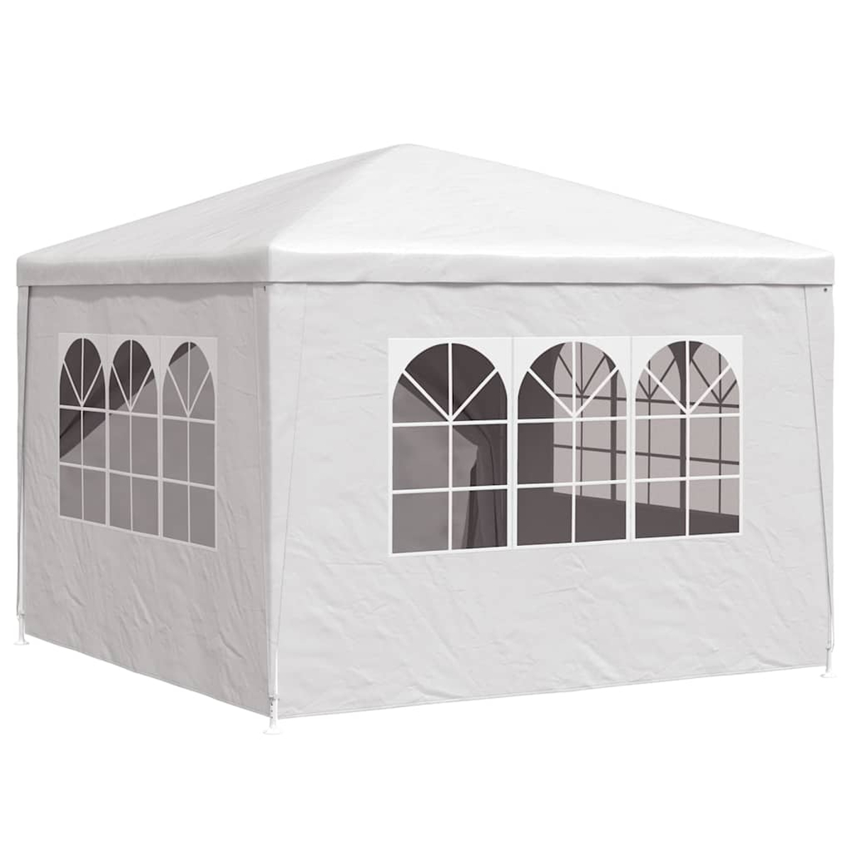 Weißer Pavillon mit drei fensterartigen Öffnungen. Isoliert auf weißem Hintergrund. Hellgrauer Rahmen.