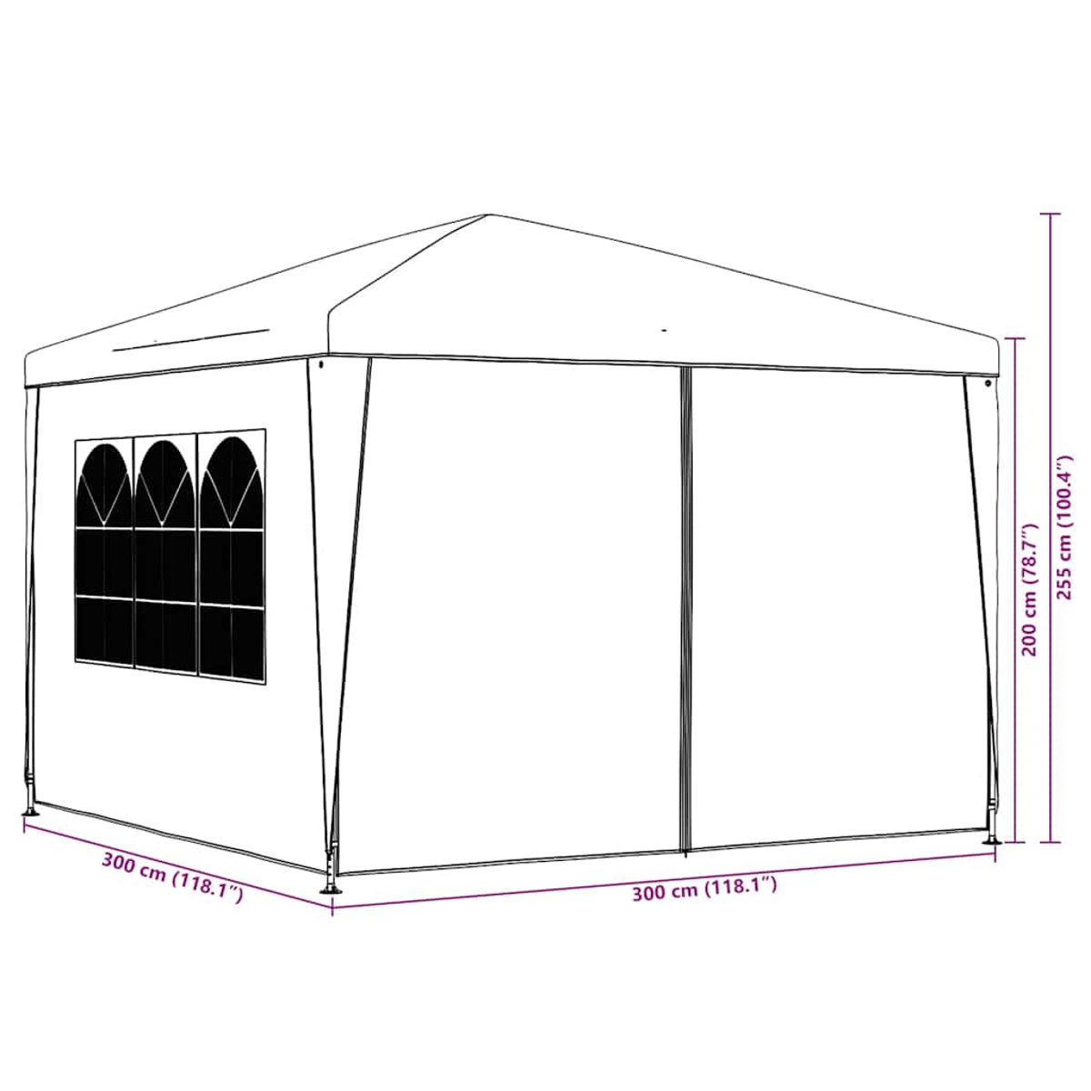 Weißer Pavillon mit drei bogenförmigen, fensterartigen Öffnungen. Zeigt die Abmessungen der Struktur.