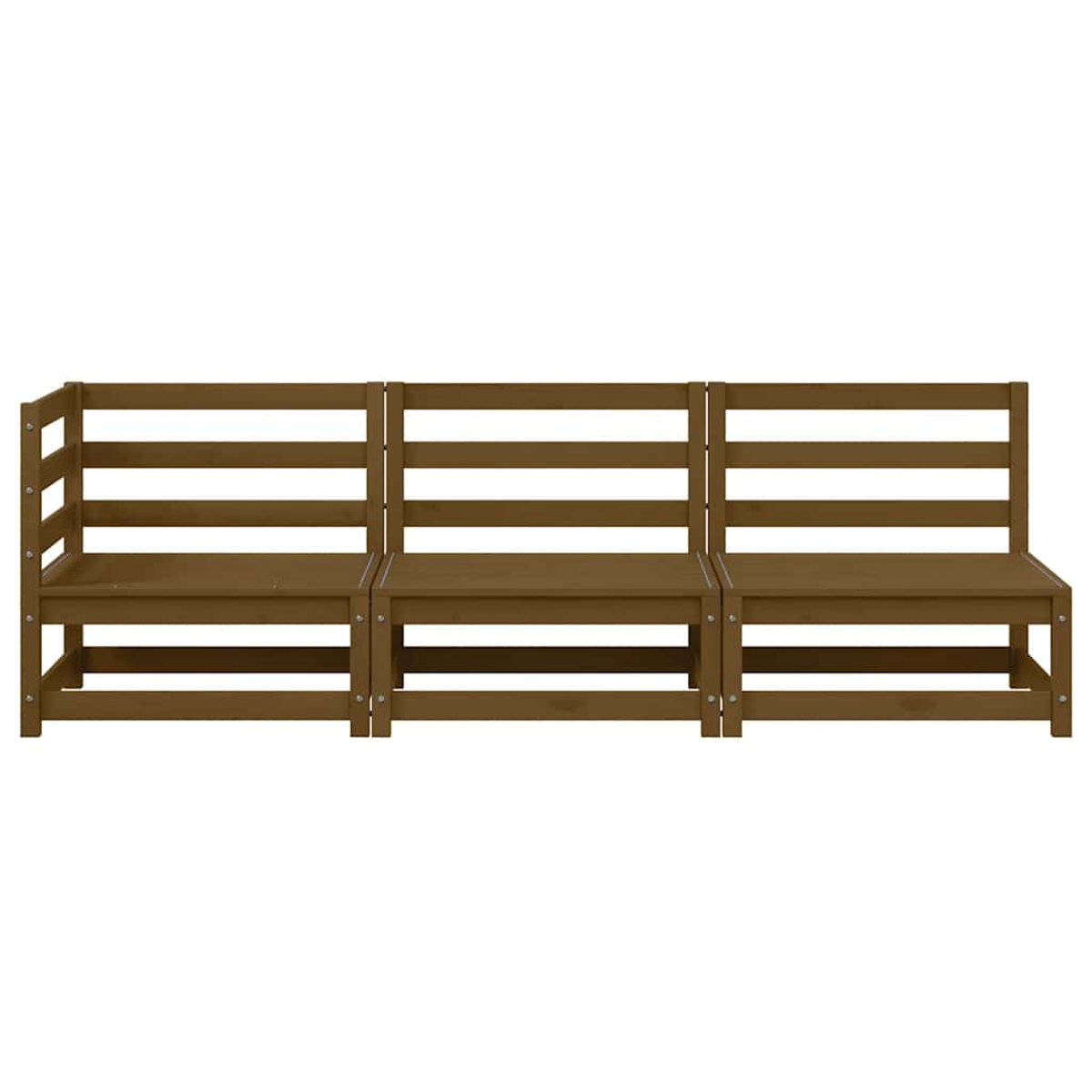 Drei braune Holzbänke nebeneinander. Die Bänke haben horizontale Lamellen für die Rückenlehnen.