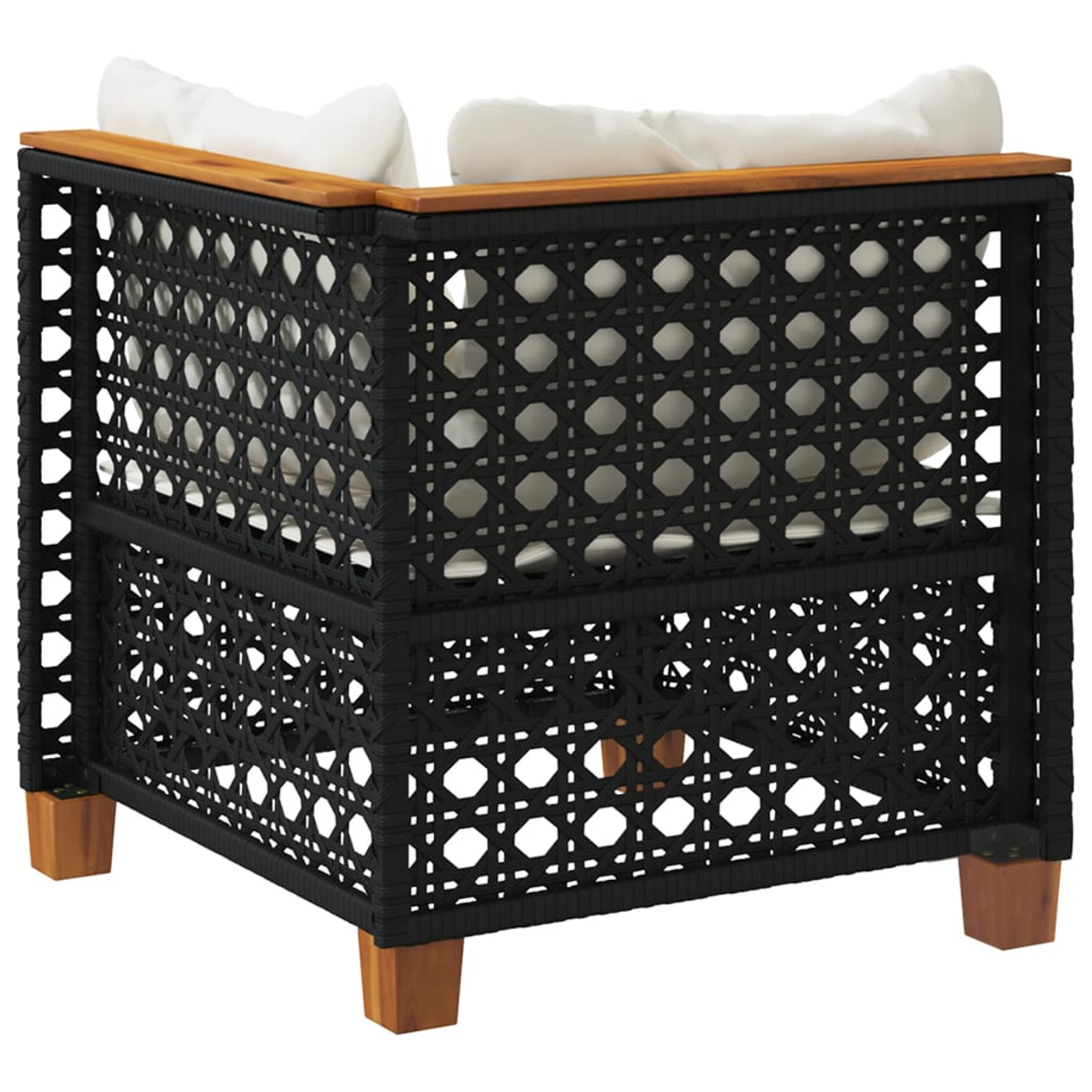 Schwarzer Rattan-Sessel mit weißen Kissen. Holzakzente oben. Quadratisches Design.