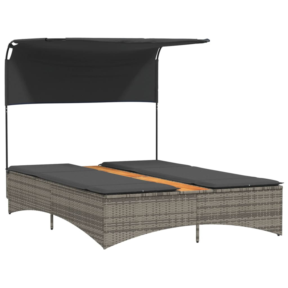 Zwei graue Liegestühle mit schwarzen Kissen und einem schwarzen Baldachin. Holztisch zwischen Stühlen.