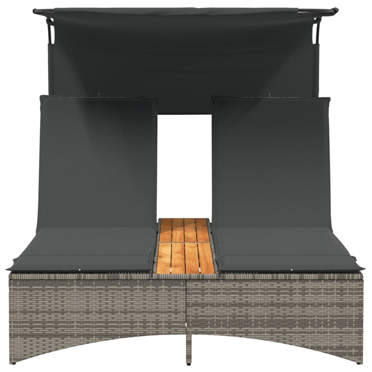 Zwei graue Liegestühle mit schwarzen Kissen und einem schwarzen Baldachin. Holztisch zwischen Stühlen.