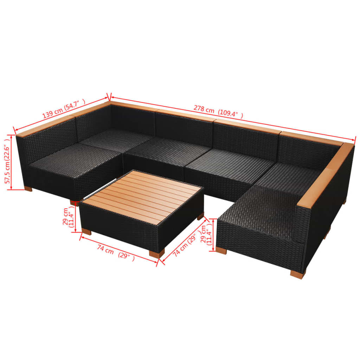 Gartenmöbelset mit beschrifteten Abmessungen, schwarzem Korbgeflecht und Holzakzenten.