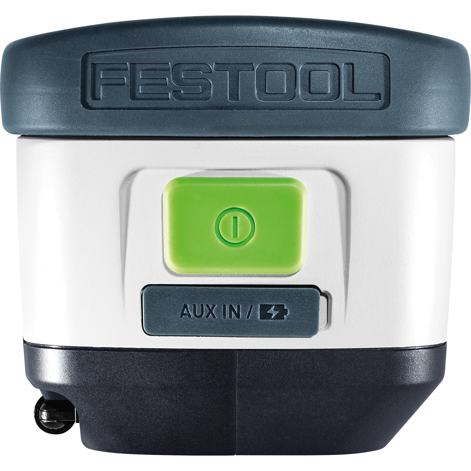 Una lampada da lavoro Festool bianca e nera con un pulsante di accensione verde. La parte superiore è grigia.