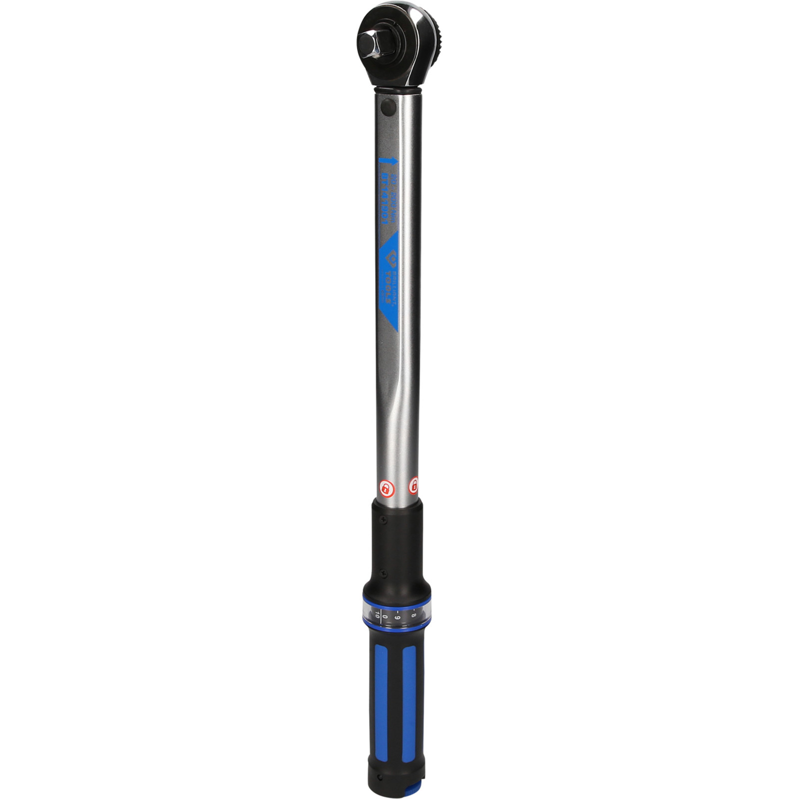 Llave dinamométrica plateada y azul sobre fondo blanco. De pie.