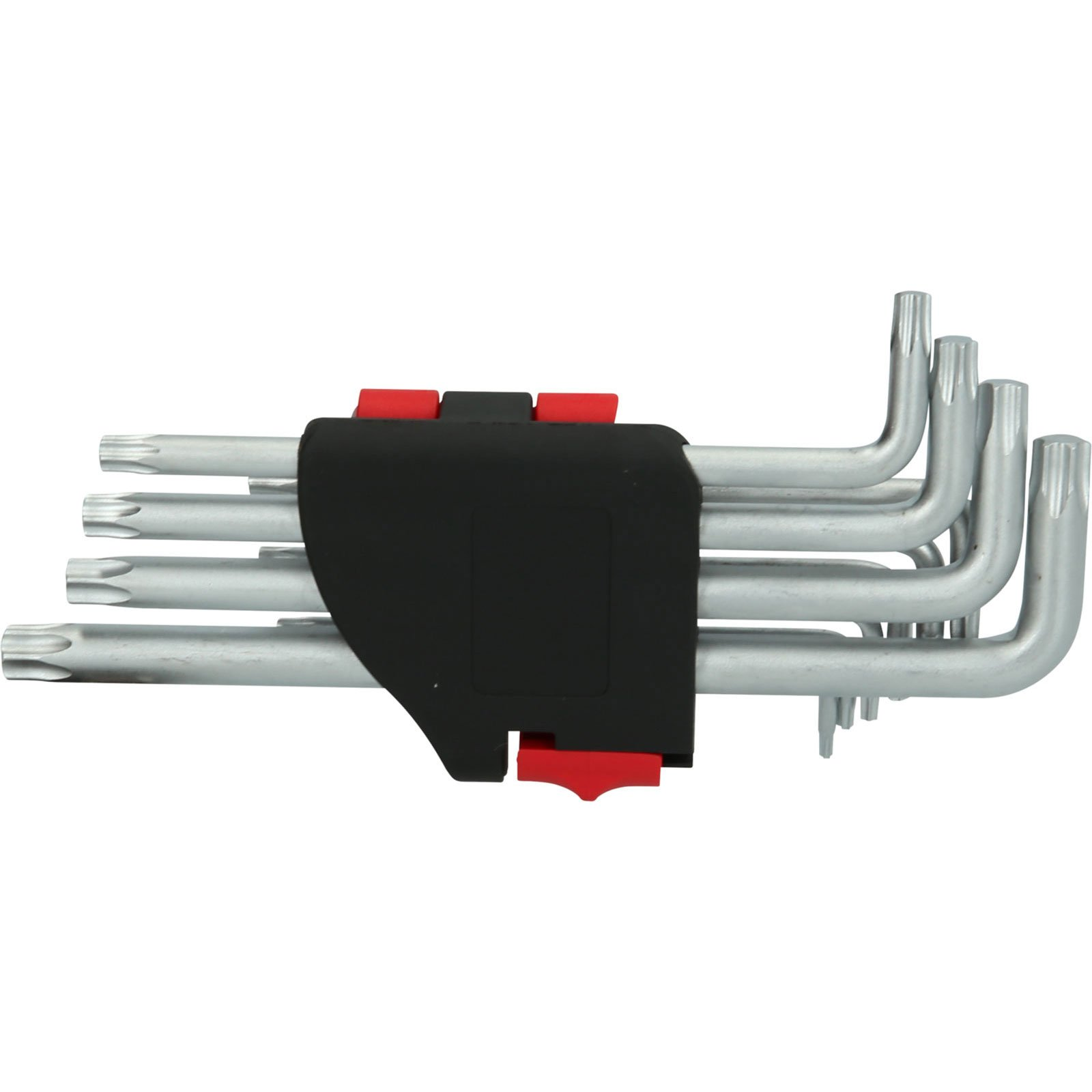 Juego de llaves Torx plateadas sujetas por un soporte negro y rojo.