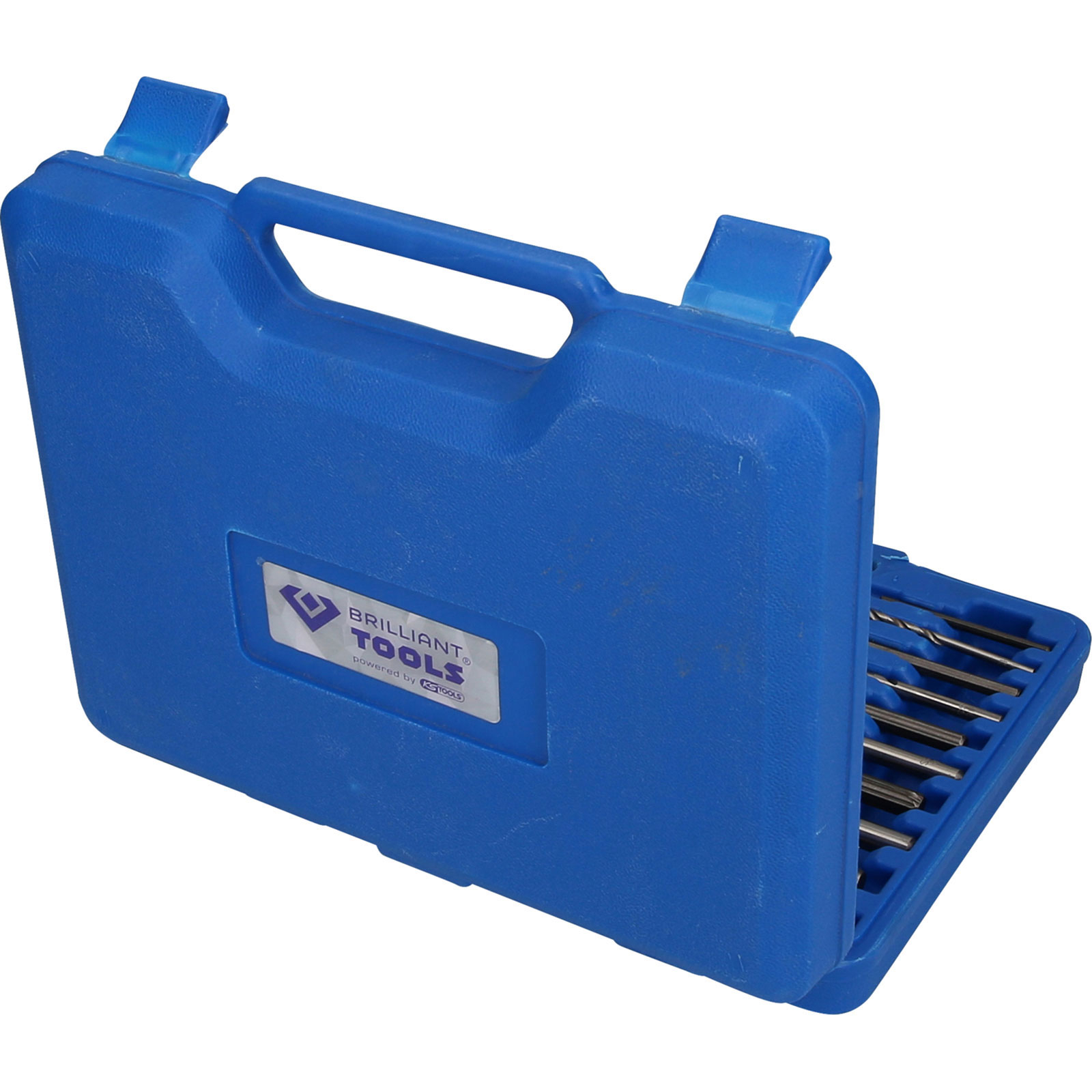 Blauer Werkzeugkoffer geschlossen. Der Koffer hat einen Griff und ein Brilliant Tools Logo.