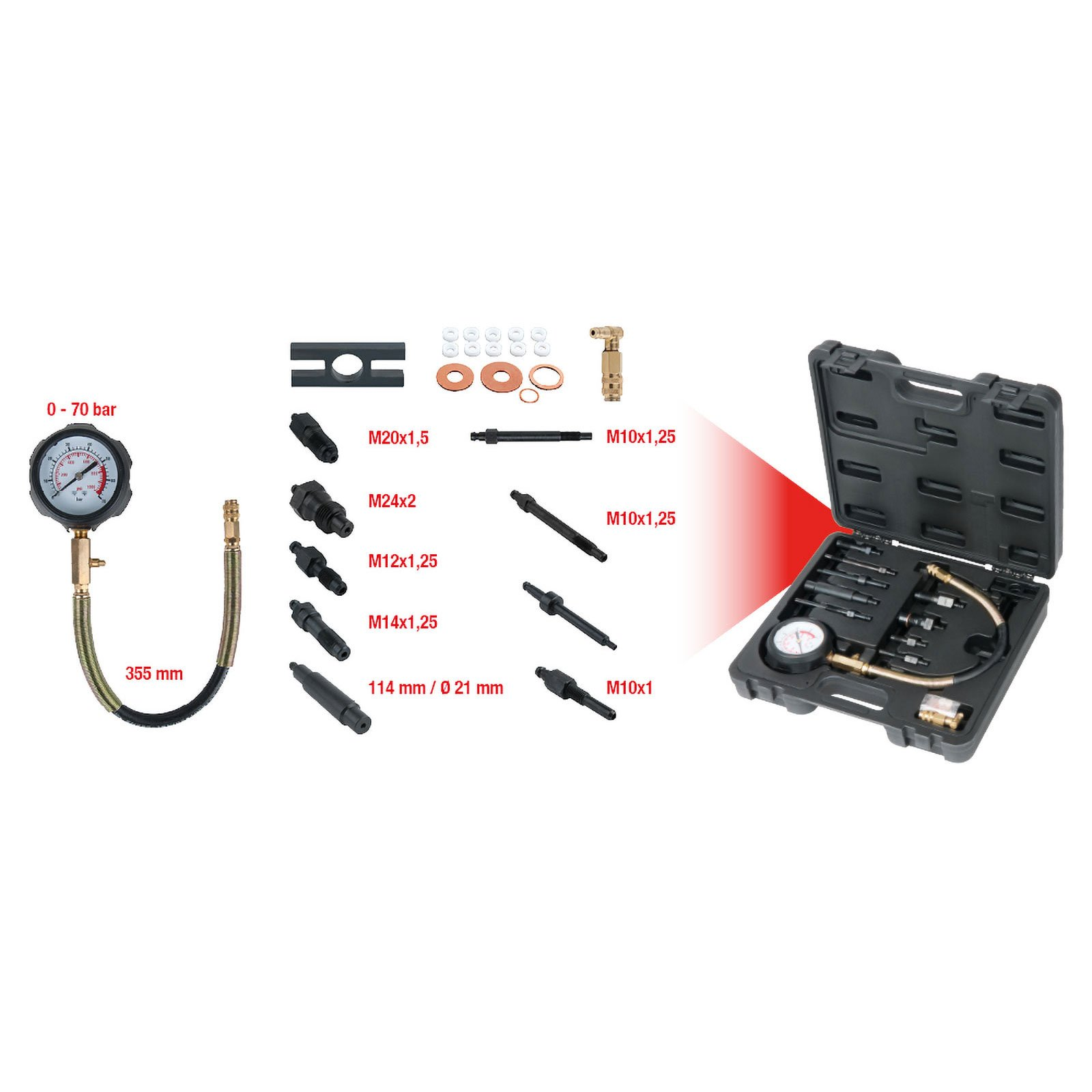 Un kit diagnostico con manometro e vari componenti, mostrato con puntatore laser rosso.
