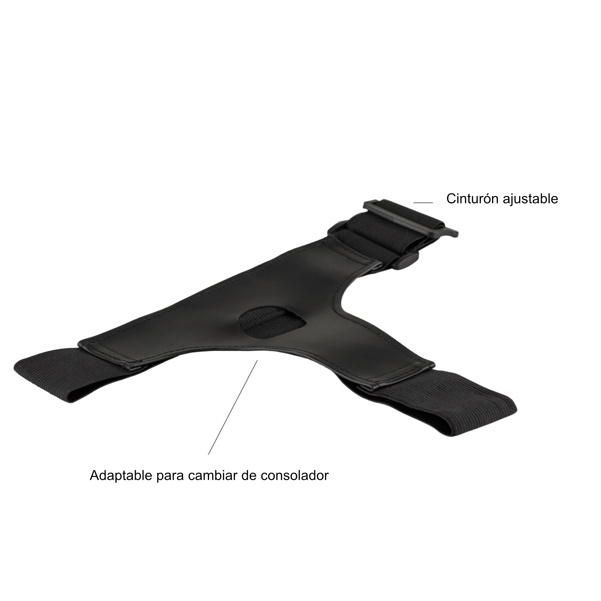Un arnés negro con un agujero y una correa ajustable, etiquetado como adaptable para un consolador.
