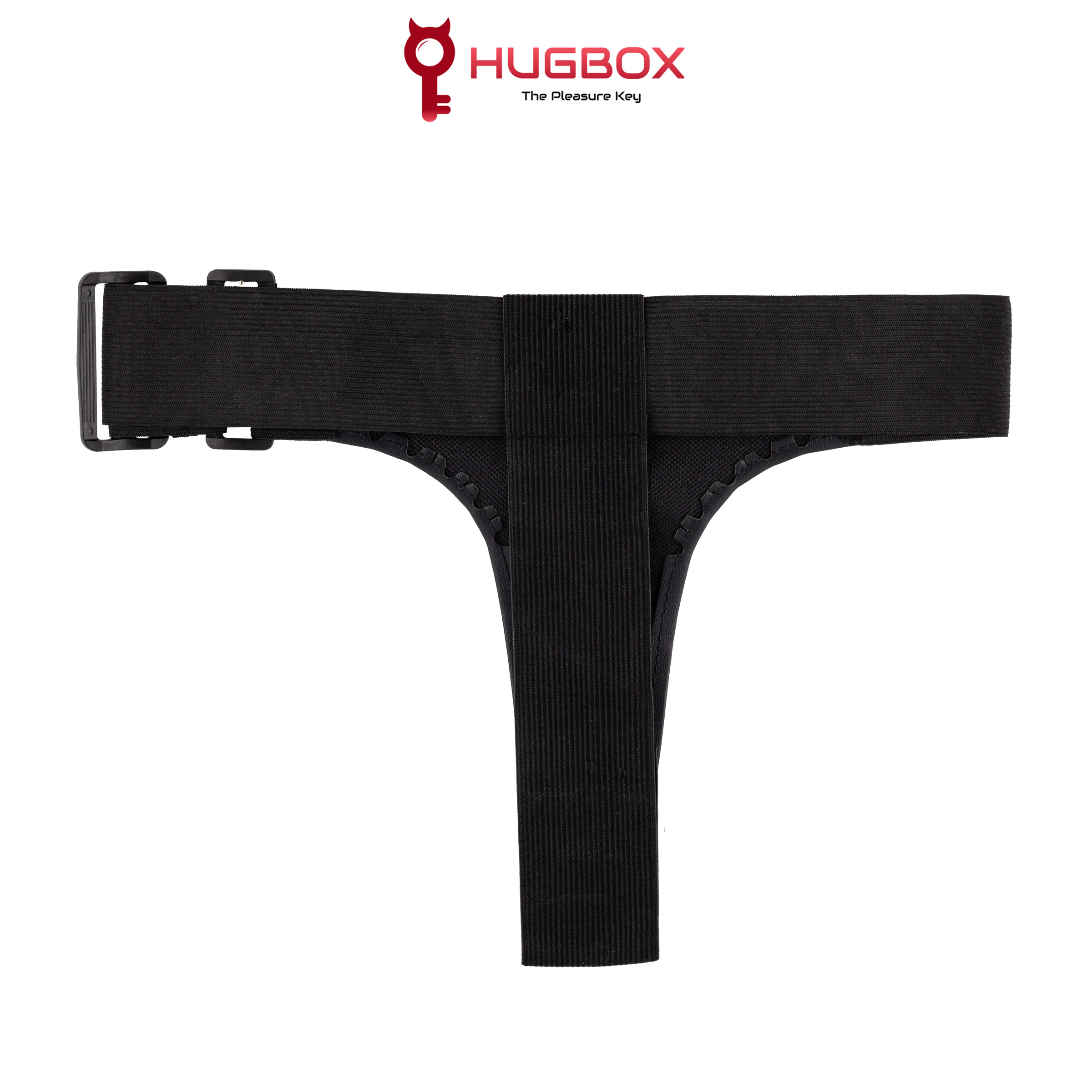 Juguete de cinturón negro sobre fondo blanco, con el logotipo de Hugbox en la parte superior izquierda.
