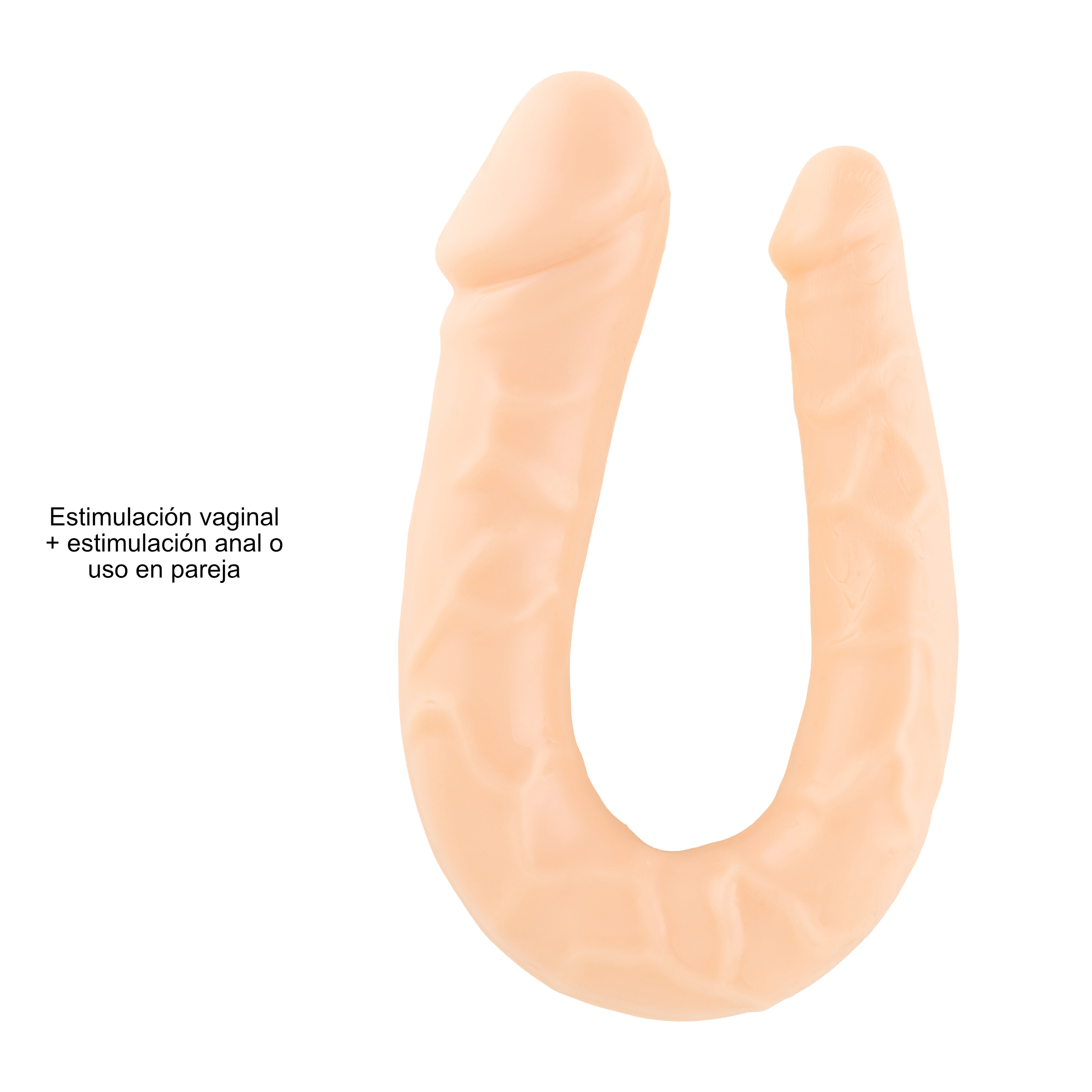 Dildo color piel con forma curva, diseñado para uso vaginal y anal.
